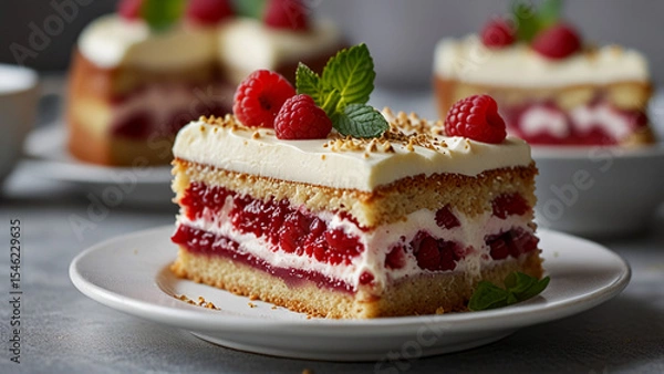 Fototapeta Layered Raspberry Cake Slice with Cream 