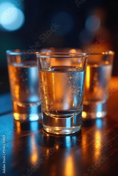 Fototapeta Several filled shot glasses of vodka, ready to serve , chilled, club