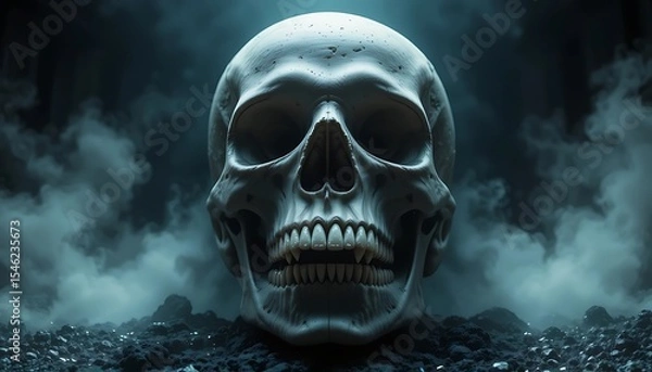 Fototapeta Eerie Skull in Mystical Fog: A Dark and Spooky Halloween Image