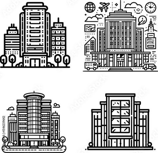 Obraz set of minimalist black and white office building icon in clean line art style.