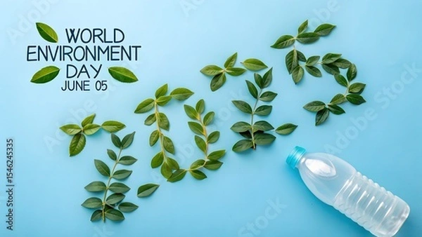 Fototapeta World Environment Day 2025 with Leaf Typography and Plastic Waste Awareness Visual