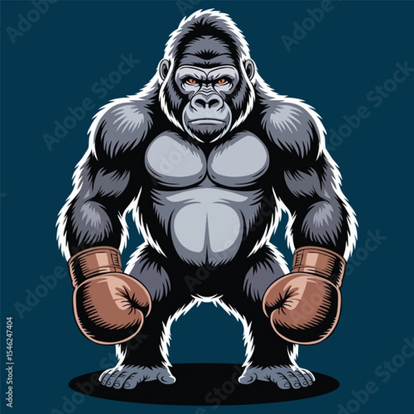 Obraz Anthropomorphic gorilla in boxing gloves on dark contrast background. Vector illustration of mascot character for use in sports schools, clubs