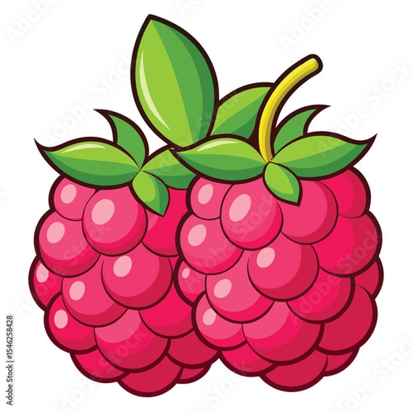 Fototapeta Two Bright Pink Raspberries with Green Leaves on a White Background