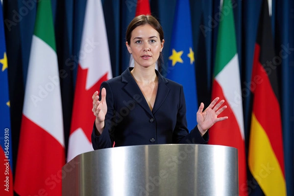 Fototapeta Confident female politician or diplomat in a business suit delivering an important speech at a podium during an international press conference or summit with EU flags behind