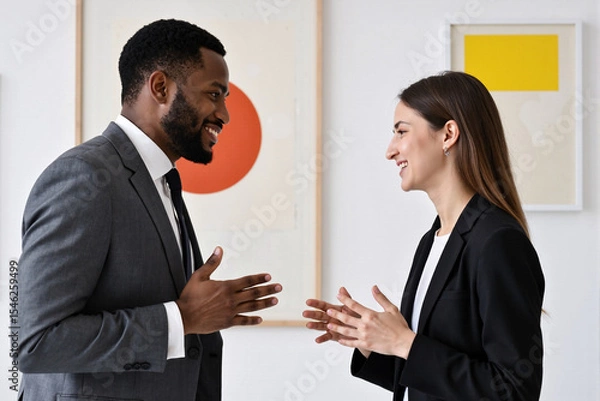 Fototapeta Diverse business colleagues, an african american man and a caucasian woman, having a positive and engaging discussion in a modern office or art gallery with colorful artwork