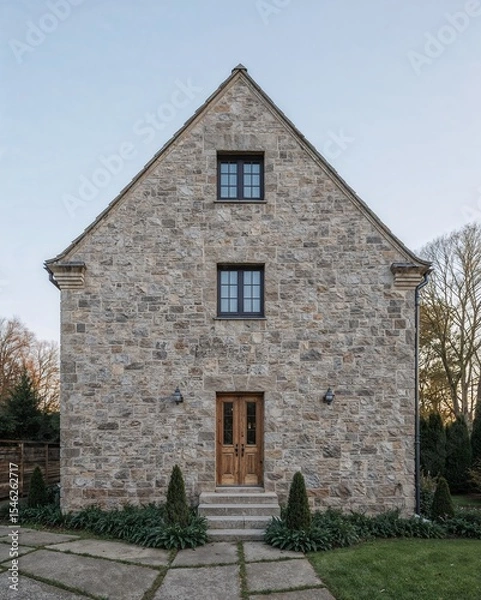 Obraz Front view of a medieval European stone house that fuses ancient architecture with minimalism designed in a slate blue theme