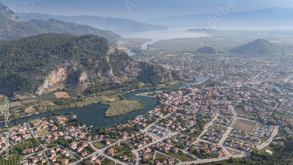 Obraz Beautiful panoramic view of the river valley and the city of Dalyan from the view point of the old town of Kaunos, Mugla Turkey