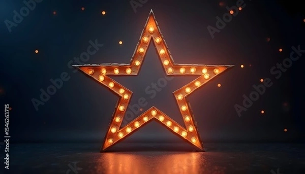 Fototapeta A starshaped marquee sign with glowing bulbs is centered on a reflective surface against a dark blurred background