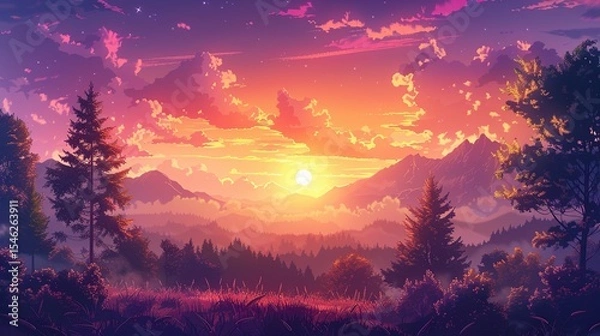 Fototapeta Cartoon sunset over a valley with layered mountain forest view
