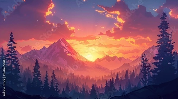 Fototapeta Serene cartoon forest landscape at dusk with glowing golden colors