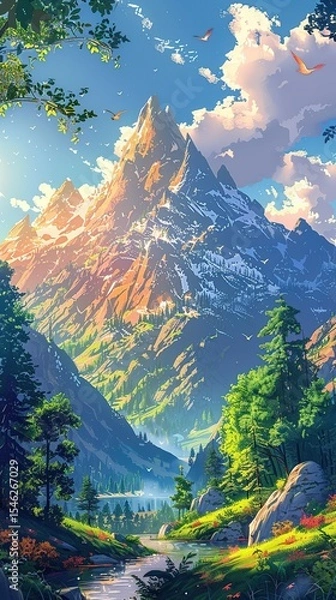 Fototapeta Enchanted mountain cartoon scene with glowing golden hour lighting