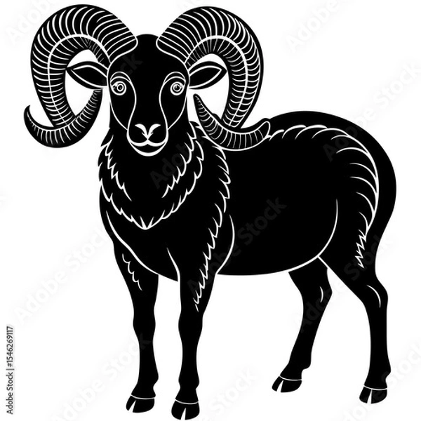 Obraz Black silhouette of a realistic adult ram with curled horns.



