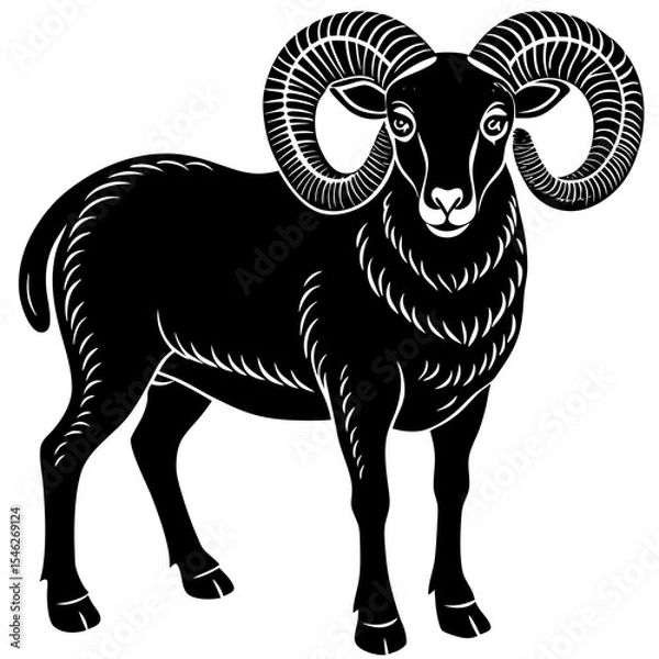 Obraz Black silhouette of a realistic adult ram with curled horns.



