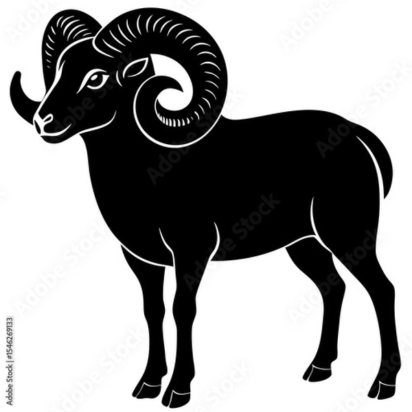 Obraz Black silhouette of a realistic adult ram with curled horns.



