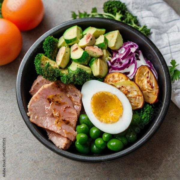 Obraz fried fish with egg and vegetables