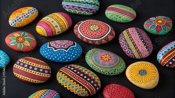 Fototapeta Hand-Painted Stones with Vibrant Mandala and Geometric Patterns on Black Surface