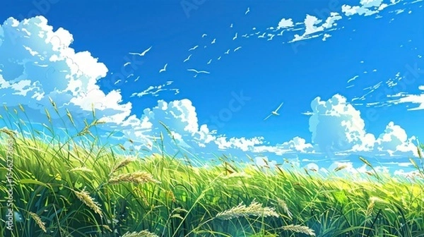 Fototapeta Large white clouds with sunrays and birds crossing the sky