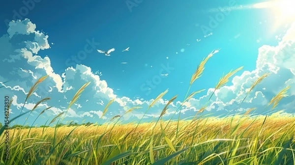 Fototapeta Majestic view of white clouds and flying birds from front