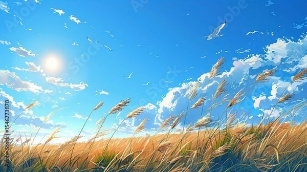Fototapeta Glorious sunshine in sky with birds flying in bright daylight