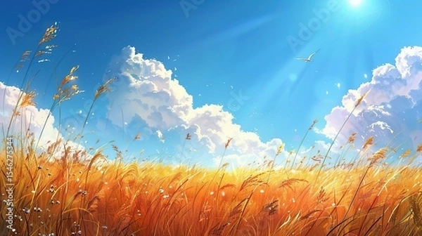 Fototapeta Blue heaven image with soft white clouds and birds in motion
