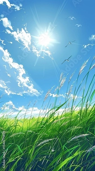Fototapeta Dreamlike sky with clouds, flying birds and glowing sunshine