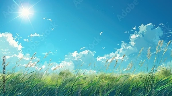 Fototapeta Captivating sunlight breaking through white clouds and blue sky