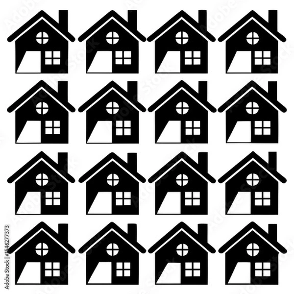Obraz A set of 16 black and white house icons arranged in a grid of 16 rows and 16 columns on a plain white background. The icons are simple and minimalistic in design, with a simple, minimalist style. each