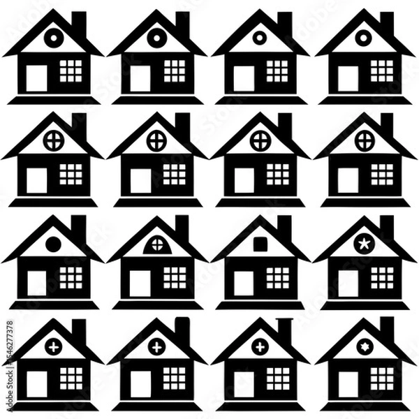 Fototapeta A set of 16 black and white house icons arranged in a grid of 16 rows and 16 columns on a plain white background. The icons are simple and minimalistic in design, with a simple, minimalist style. each