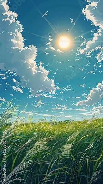 Fototapeta Soft clouds in vibrant blue sky with birds gliding peacefully