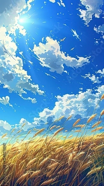 Fototapeta White clouds floating in clear blue sky with glowing sunlight