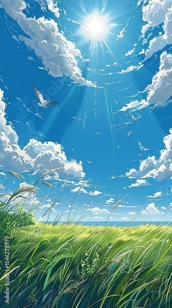 Fototapeta Front view of fluffy clouds, sunshine, and flying birds together