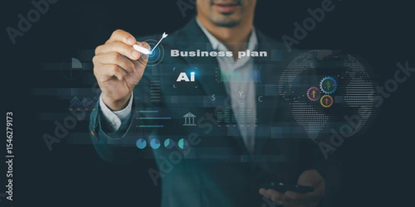 Obraz Businessman using AI agent, Business planning, Analysis, finance grow graph, plan and market investment, earnings, sales, and strategy, Stock market chart, exchange, Production Operation Plan
