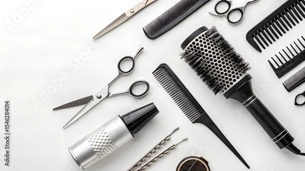 Fototapeta Hairdressing Tool Set on White Background Featuring Scissors, Combs, and Spray Bottle