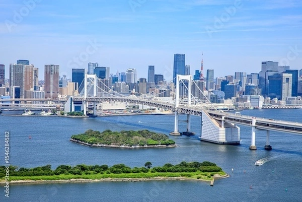 Obraz 東京都、レインボーブリッジと東京の高層ビル群の俯瞰