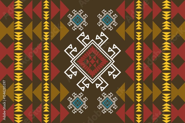Fototapeta A bold and colorful pixel art pattern inspired by Southwestern tribal textiles, featuring geometric diamond motifs in red, yellow, brown, and turquoise blue. This seamless design reflects boho