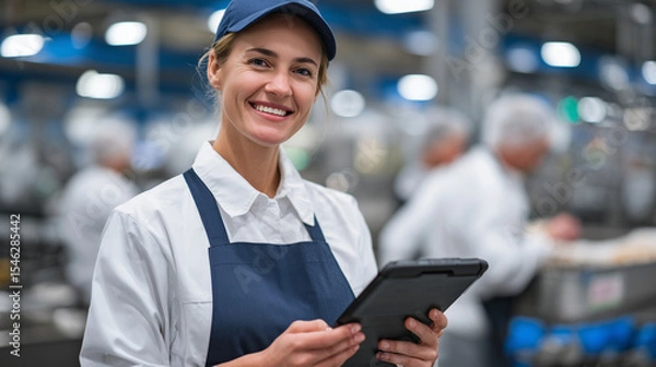 Fototapeta Workers using tablets to receive live alerts from IoT sensors detecting chemical contamination in processed meat packaging