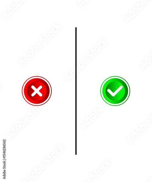 Fototapeta Vector illustration of red cross and green check mark with glossy buttons and dividing line. Suitable for indicating approval and rejection in design and illustrations.
