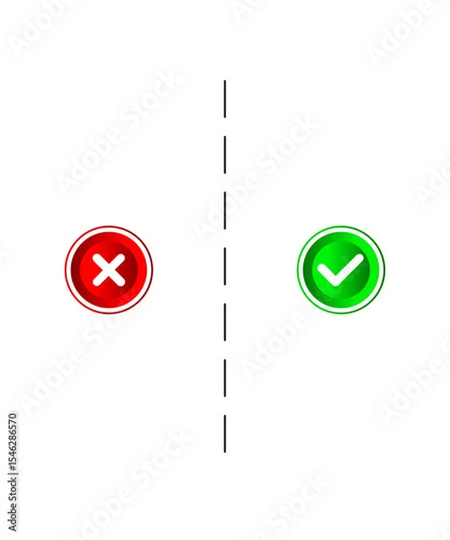 Obraz Vector illustration of red cross and green check mark with glossy buttons and dividing line. Suitable for indicating approval and rejection in design and illustrations.