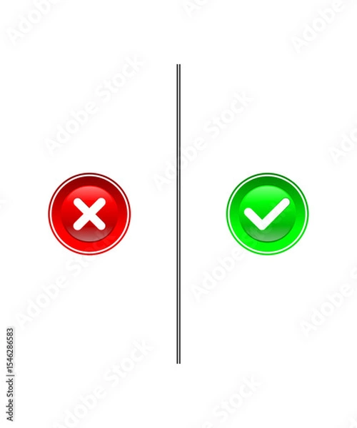 Fototapeta Vector illustration of red cross and green check mark with glossy buttons and dividing line. Suitable for indicating approval and rejection in design and illustrations.