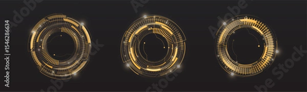 Obraz A set of round interface HUD elements in golden style on a dark background. Suitable for cyberpunk design, games and modern projects.