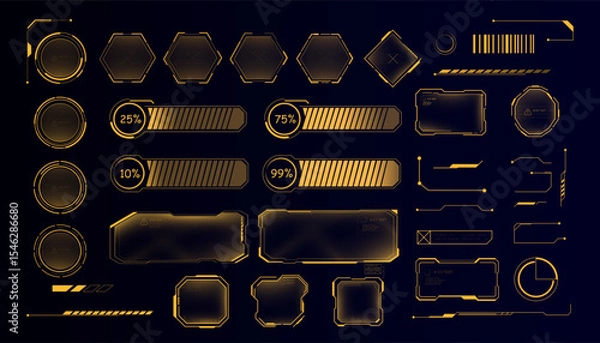 Obraz A set of bright golden HUD elements: indicators, frames, loading bars and text panels. Stylish interface kit for futuristic UI designs and game projects.