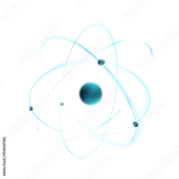 Obraz Model of an atom with electrons rotating around the nucleus, on a white background. Used for illustrations of science visualization, energy, and nuclear physics.