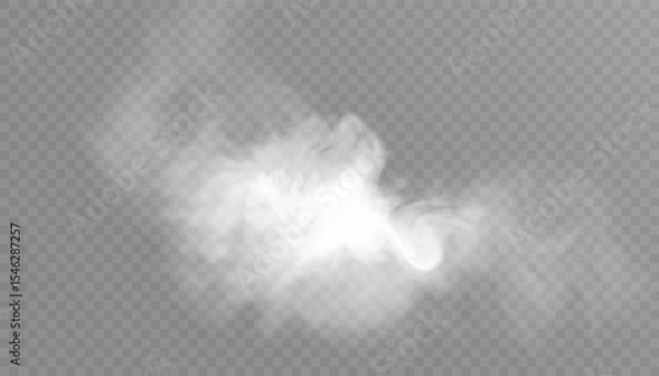 Obraz Clouds of white smoke or steam with realistic texture on transparent background. Vector smoke to simulate fog, cold breath, magic effect or explosion.
