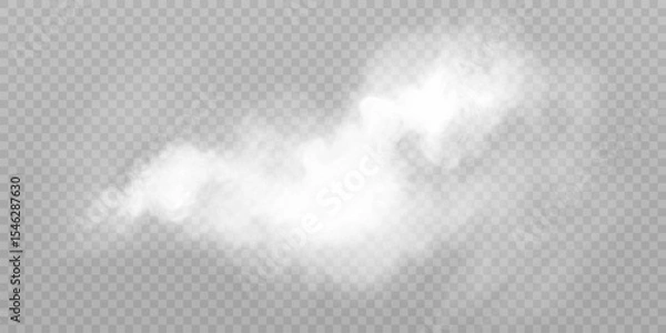 Obraz Clouds of white smoke or steam with realistic texture on transparent background. Vector smoke to simulate fog, cold breath, magic effect or explosion.