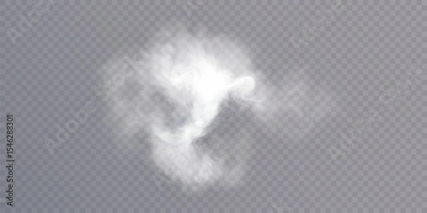 Obraz Clouds of white smoke or steam with realistic texture on transparent background. Vector smoke to simulate fog, cold breath, magic effect or explosion.