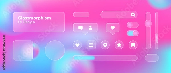 Fototapeta Glassmorphism UI. User interface elements for mobile app. Glass texture icons set. Vector. Simple modern design. For web, social media, business. Eps10 illustration. Abstract background. Pink color.