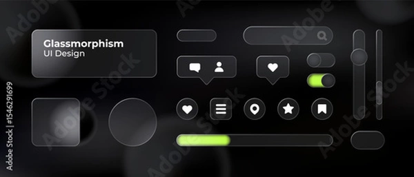 Fototapeta Glassmorphism UI. User interface elements for mobile app. Glass texture icons set. Vector. Simple modern design. For web, social media, business. Eps10 illustration. Abstract background. Black color.