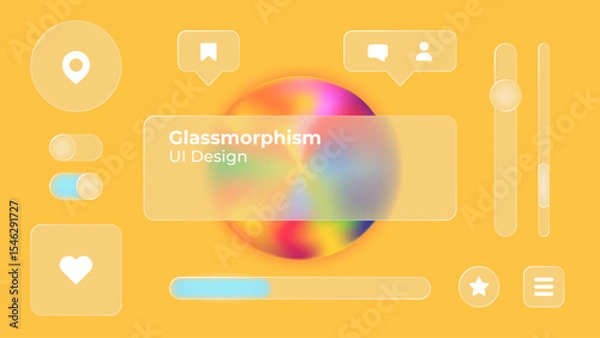 Fototapeta Glassmorphism UI. User interface elements for mobile app. Glass texture icons set. Vector. Simple modern design. For web, social media, business. Eps10 illustration. Abstract background. Yellow color.