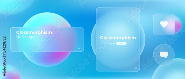 Fototapeta Glassmorphism UI. User interface elements for mobile app. Glass texture icons set. Vector. Simple modern design. For web, social media, business. Eps10 illustration. Abstract background. Blue color.