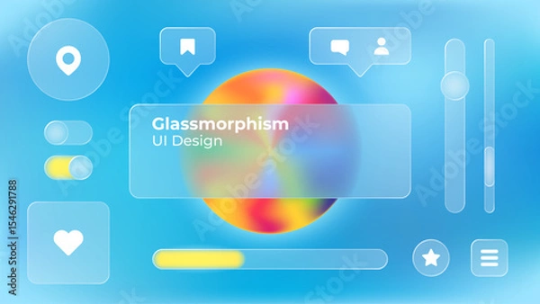 Fototapeta Glassmorphism UI. User interface elements for mobile app. Glass texture icons set. Vector. Simple modern design. For web, social media, business. Eps10 illustration. Abstract background. Blue color.